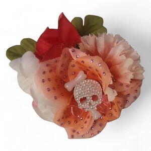 Floral Hair Clip with Skull Accent Pinup